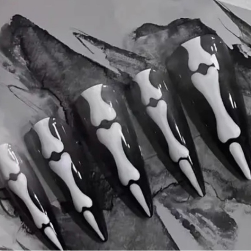 New Black & White Skeleton Long Stiletto Nails Reusable Handmade Medium - Picture 3 of 11